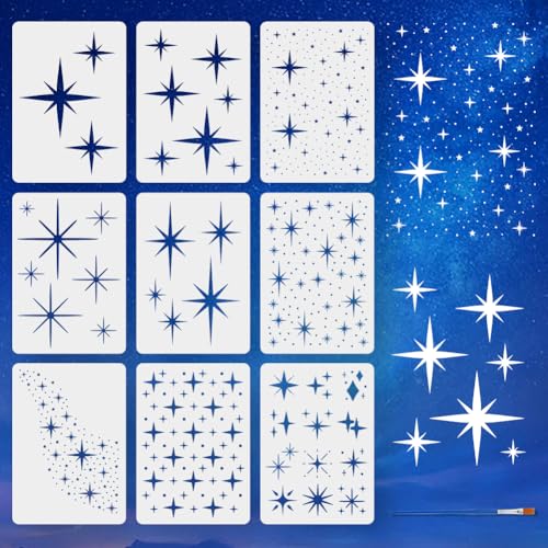 FINGERINSPIRE 9 Stück Große Malschablone Mit Pinsel 21x29.7cm 9 Stile Funkelnde Stern Zeichenvorlage Galaxie Milchstraße DIY Dekorationsschablone Zum Malen Auf Holz Wänden Stoffen Und Möbeln