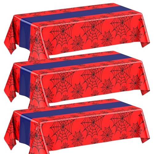 Image of Oudain 3 Pack Spider Theme Birthday Decorations Halloween Purple Black Red Green Pink Web Bat Tablecloth Cartoon Table Cover Party Favor for Birthday(Web,Black, Red)