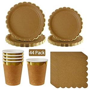Amycute 44-delige gouden partyset – kraftpapier wegwerpborden, bekers, servetten voor feestjes, diners, bruiloften en…