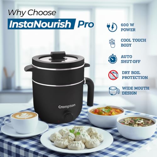Image of Crompton InstaNourish Pro 1.2L Multi Purpose Electric Kettle with Steamer | 600W | Cool Touch Body | Egg Boiler Stand | Auto Shut-Off | Dry Boil Protection | Black