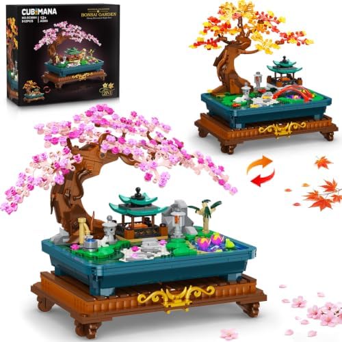 CUBIMANA Japanisches Bonsai-Bauset für Erwachsene mit Licht, 2-in-1 Blumen | 912Teile Botanische Bausteine ​​für Kirschblüten & Ahornbaum Japanischer Garten, Schreibtisch-Deko Gesc