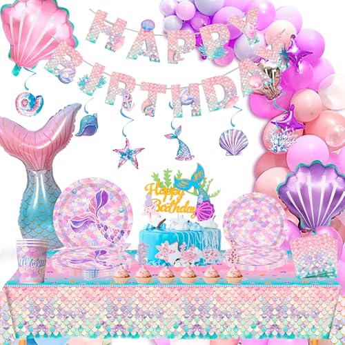 Decoracion de Cumpleaños de Sirena,132Pcs Juego de Vajilla de Fiesta de Sirena&Decoración...