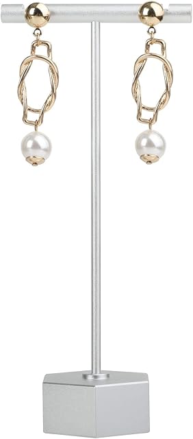 GemeShou Metal Earring T Bar Display Stands for Show, Jewelry Retail Holder Photography Display PropsSilver-Hexagon Base Height 13.5cm