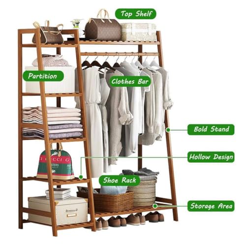 Image of LEOPAX Bamboo Coat /Clothing /Garment Rack /Freestanding Storage with 5-Tier Shelf (110 x 40 x 140cm, Natural)