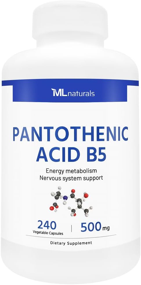 ML Naturals Pantothenic Acid B5 240 Vegetable Capsules. Energy Metabolism, Nervous System Support, Third-Party Lab Tested
