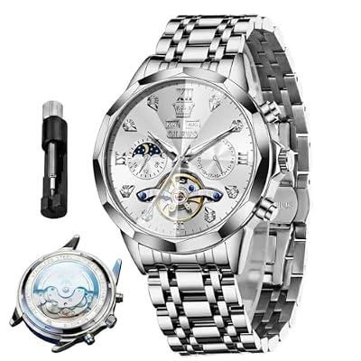 OLEVS Men's Automatic Watch Silver Stainless Steel Luxury Mechanical Self Winding Watch White Face Tourbillon Moon Phase Waterproof Luminous Male Gift