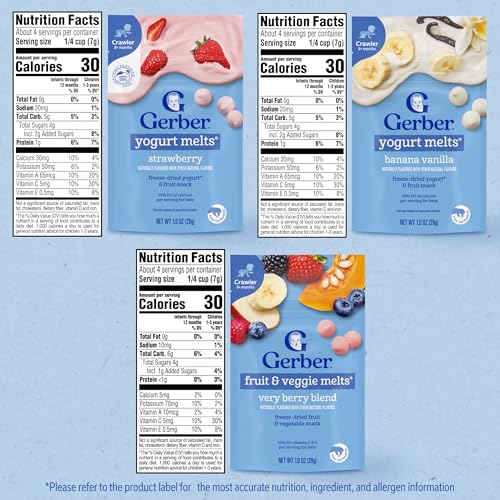 gerber stage 3 baby food snacks strawberry banana vanilla yogurt melts very berry fruit and veggie melts baby led feeding 8-pack
