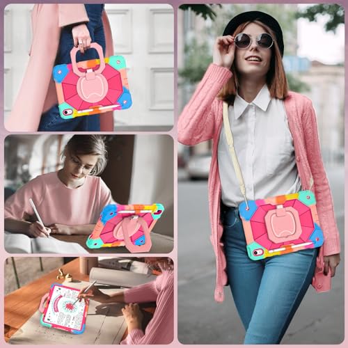 Image of WESOROL Case for iPad (A16) 11th /10th Generation 2025 /2022 with Screen Protector Rotating Stand Pencil Holder Shoulder Strap Heavy Duty Shockproof Cover for iPad 10th Gen Case,Colorful Pink