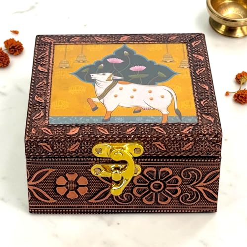 Image of Wooden Jewellery Box for Women - Marigold Gold | Handcrafted Pichwai Design with Lock | 4x4 Inch Organizer for Earrings Rings | Return Gift for Wedding Diwali Pooja