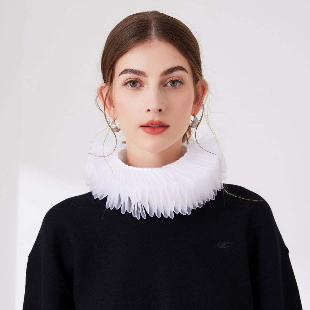 CABODYALS White Ruffled False Collar Victorian Renaissance Medieval Neck Lace Up Detachable Gathered Ruff Sheer Versatile Vintage Clown Faux Collars for Women Clothes Accessories Costume Party Cosplay - Image 4