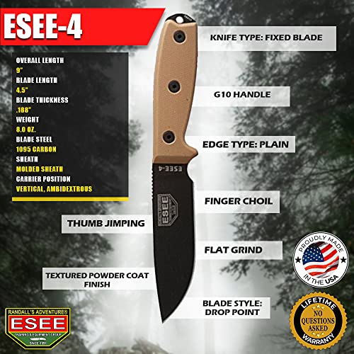 Image of ESEE 4P Survival Knife - Field Tested Fixed Blade Knife with Molded Polymer Sheath & Clip Plate, Full Tang, Plain Edge - Durable Outdoor Camping Blade with Sheath for Survival