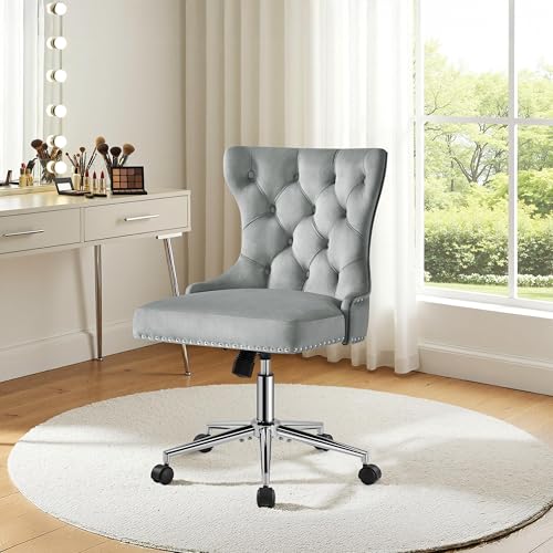 Yaheetech Vanity Office Desk Chair with Silver Base Dressing Table Chair Makeup Bedroom Velvet Upholstered Armless Swivel Chair with Back for Home Office Grey