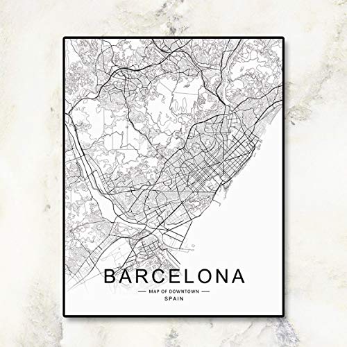Barcelona City Downtown Map Wall Art Barcelona Street Map Print Barcelona Map Decor City Road Art Black and White City Map Office Wall Hanging 8x10 inch No Frame