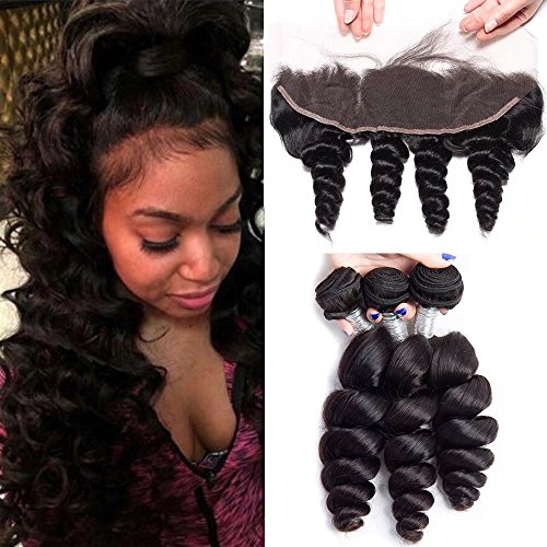 Maxine Loose Wave Bundles with Frontal 13x4 Ear to Ear Lace Closure 10a Brazilian Unprocessed Virgin Human Hair Weave Extensions 100g/pcs Natural Color (20 22 22 with 18)
