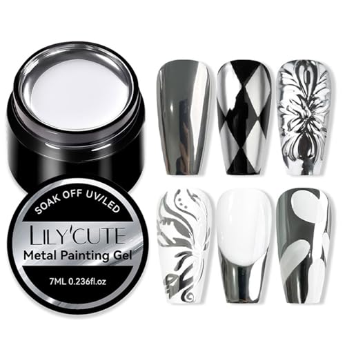 Virellay Metallic Painting Gel, Silber Mirror Nail Gel Polish, Glossy Nagellack UV Silber Chrome Spiegel Metallic Effekt, Painting Liner Gel für Anfänger DIY