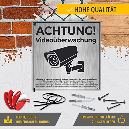 SIGNITY Schild Videoüberwachung (15x15cm klein) inkl. DSGVO Hinweis - Warnschild Kamera Überwachung - ideal zur Kamera Attrappe - Aluminium Schild - Achtung Videoüberwachung für Privatgrundstück - Image 6