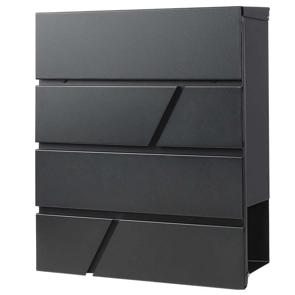 Decaller Metal Wall Mounted Mailboxes with Key Lock, Large Mail Box with Newspaper Compartment, Black, 13" x 14 2/5" x 4 1/5"