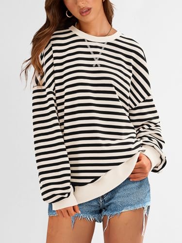 Image of PRETTYGARDEN Womens Striped Oversized Sweatshirt Color Block Crew Neck Long Sleeve Casual Loose Pullover Top Y2K Clothes