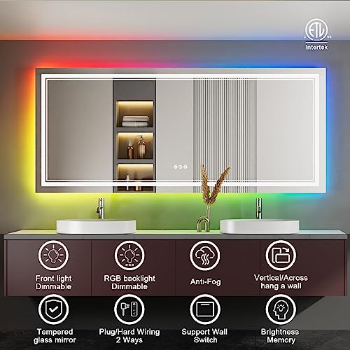 88x38 Inch RGB LED Bathroom Mirror with Lights, Color Changing RGB Backlit LED Mirror for Bathroom,Lighted Vanity Mirrors for Bathroom Wall, Dimmable, Anti-Fog (RGB Backlit+Front-Lit)