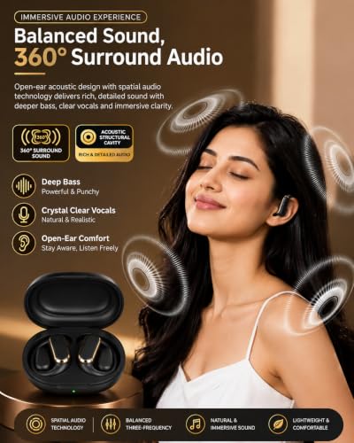 Image of D300 OWS Open Ear Wireless Earbuds with BT v6.0, ENC Mic for Calling, 50hr Playtime with Type C Fast Charging, Low Latency Gaming, Ideal for Running, Cycling and Gym, Dust & Waterproof. Black