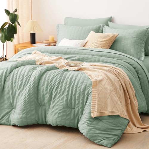Image of CozyLux Oversized King Comforter Set with Sheets, 7 Pieces 120 inchx98 inch Sage Green Seersucker Bed in a Bag, Luxury Soft All-Season Bedding Sets with Down Alternative Comforter, Sheets, Pillowcases & Shams