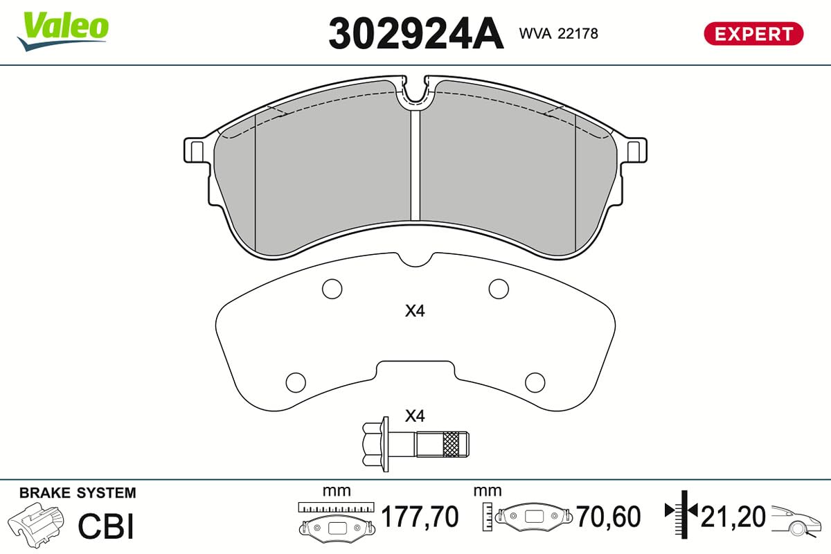 Valeo Set di 4 Pastiglie Freno Expert 302924A, Asse Anteriore