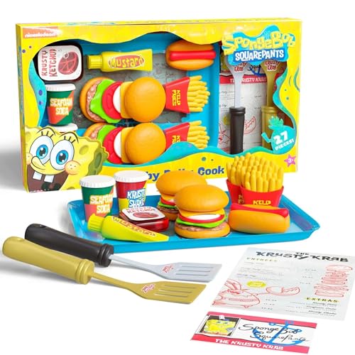 SpongeBob SquarePants Krabby Patty Toy Combo Meal Playset, Pretend Krusty Krab Burgers, and Fries Interactive Plastic Fast Food Set for Kids Toddlers