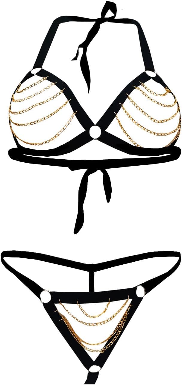 Women Polyester Black Regular Bikini Lace Bra And Panty Set With Golden Chain, Free Size