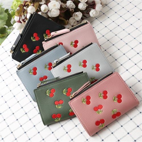 Cute Cherry Embroidered Wallet Small Bifold Coin Purse Cherry Print Zipper Around Credit Card Holder RFID Blocking (Black)2