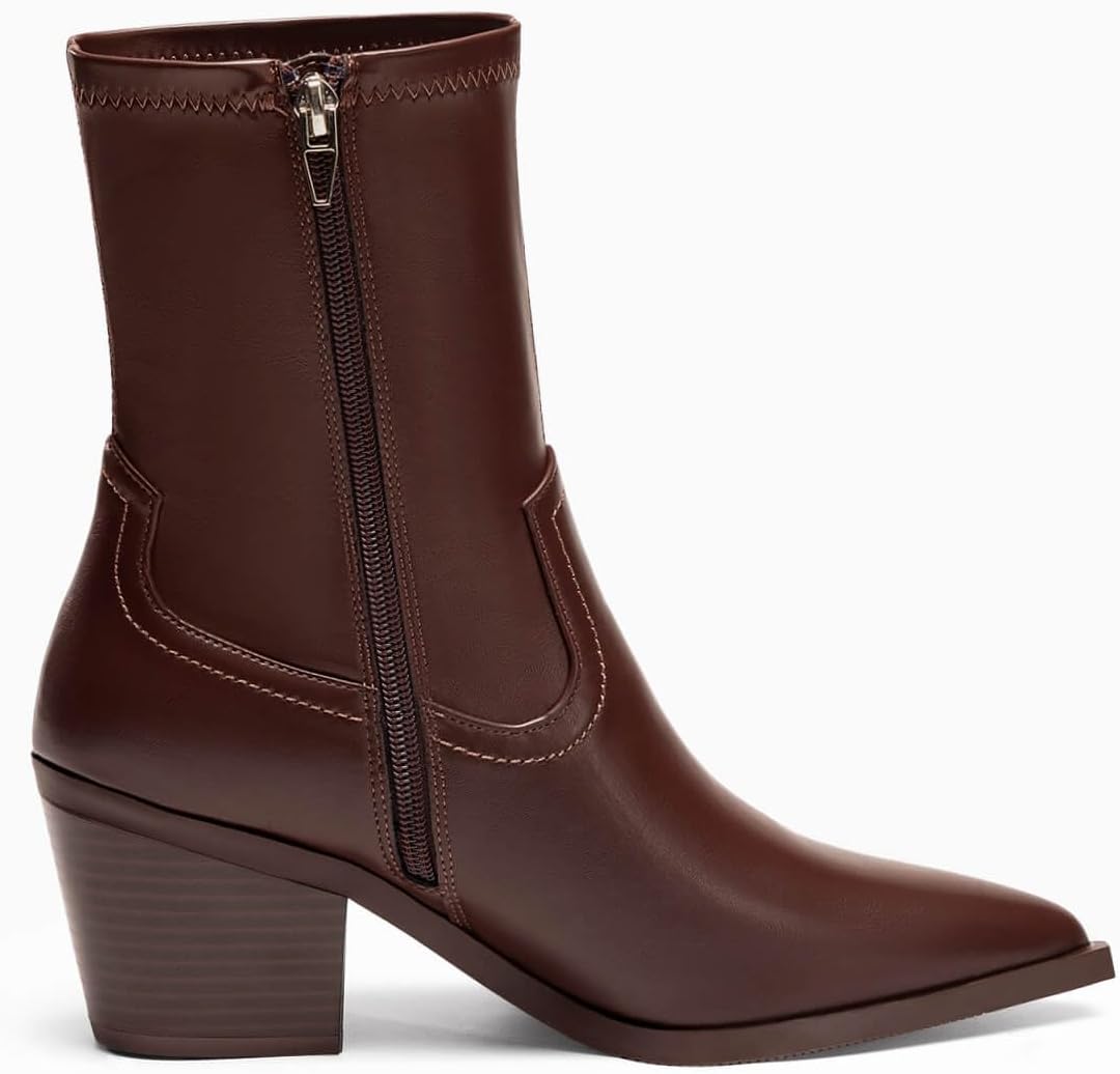 Coutgo Womens Pointed Toe Ankle Boots Chunky Stacked Heel Side Zipper Leather Fall Booties Shoes - Image 5