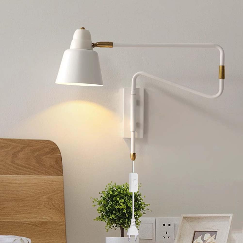 AoLa Schwenkarm Wandleuchte Verstellbar Metall Arm Wandlampe mit Schalter und Stecker Industrial Nachttischlampe Drehbare mit Kabel Langer Arm Leselampen Innen Wandspot E27 Fassung,Weiß