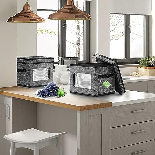 homyfort China Storage Containers With Lid and Handles, Dinnerware Storage Box for Dishes with 12 Felt Dividers, Hold 24 Plates, 12x 12, Set of 2, Grey