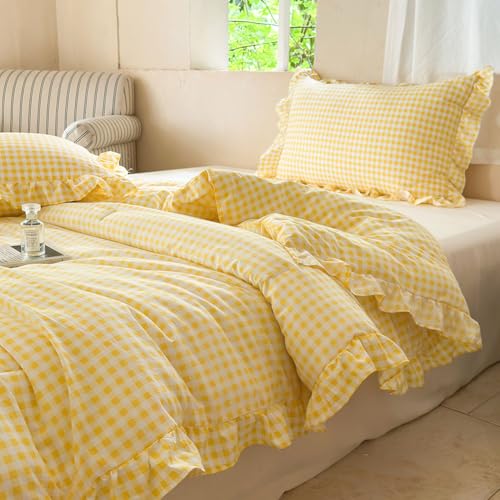Image of NSNLGSGC Yellow Ruffle Gingham Comforter Set Queen, Pre-Washed Ruffled Plaid Checked Comforter Bedding, 3 Pieces Vintage Farmhouse Grid Bedding Set(Yellow Gingham, Queen)