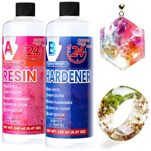 Epoxy Resin - 480ml Crystal Clear Resin Kit for Jewellery Making, DIY Art &Craft, Coasters, Casting, Ornament, Mold, Low Odour, Non-Toxic, Self-Leveling Epoxy for Beginners