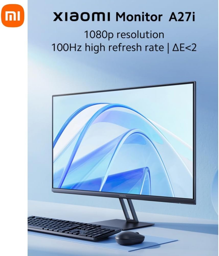 Xiaomi A27i monitor displaying vibrant colors with keyboard and mouse.