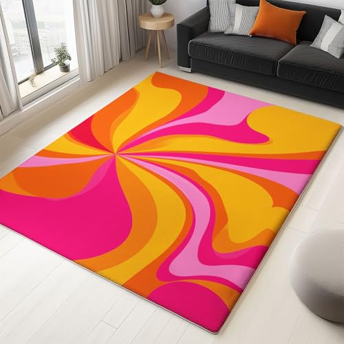Alfombra de salón de pelo ras suave 160 x 230, alfombra rosa vintage con líneas de remolino 2