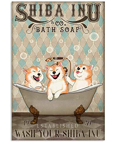Plaque en étain avec inscription « Shiba Inu Bath Soap Wash Your Shiba Inu » - Décoration murale rétro - 20,3 x 30,5 cm - Cadeau idéal Cover