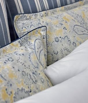 Lauren Ralph Lauren Marisa King 3 pc Duvet Cover Set Shams Paisley Print Yellow, Blues on White Ground. Reverses to Blue Stripe. (King)