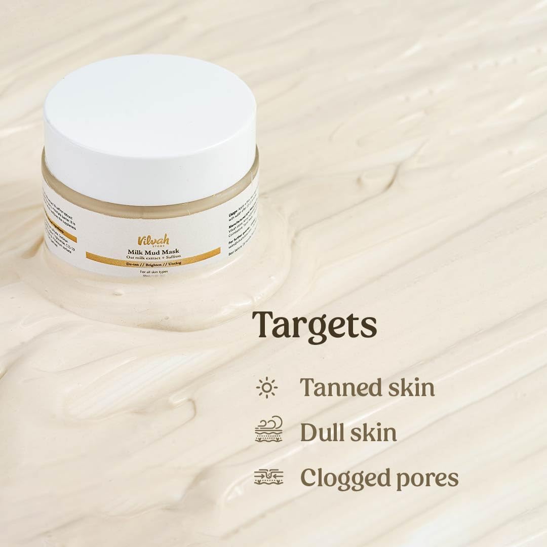 vilvah STORE Milk Mud Mask | Detane, Non-Comedogenic, Non-Irritating, Eliminates Pore Clogging | Skin Brightening | Formulated with Oat Milk Extract | Saffron Extract | Kaolin Clay | Men and Women |