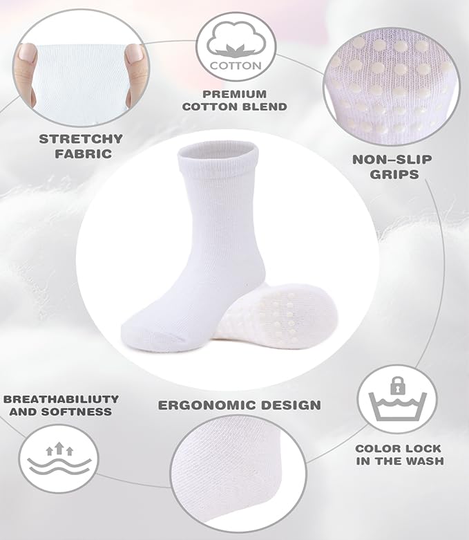 Image of JAKIDAR 12 Pack Baby Socks Cotton Crew Toddler Socks Grips Non Slip Bottom Kids Socks