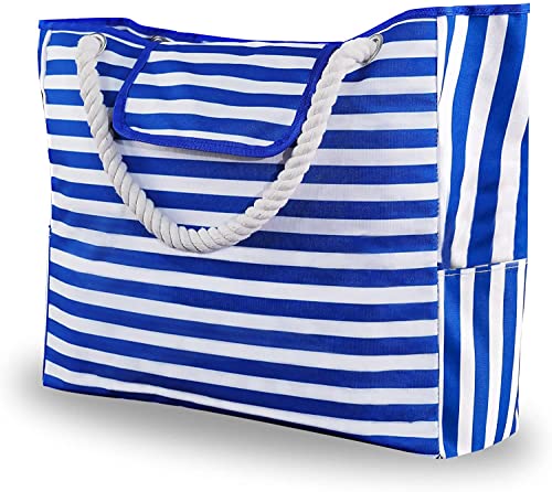 Sac de plage en toile imperméable avec 4 poches intérieures pour voyage, gym, natation, vacances à la plage, sac fourre-tout extra large pour femme, bleu Cover
