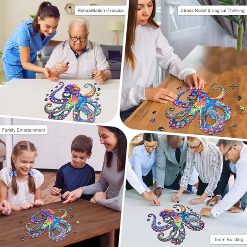 Hopelucr Wooden Puzzles for Adults, Ocean Octopus Jigsaw Puzzles for Adults 200 Pieces, Unique Shape Wooden Puzzles, Creative Gift for Friends Family Game Home Wall Decor 11x11 in — view 4