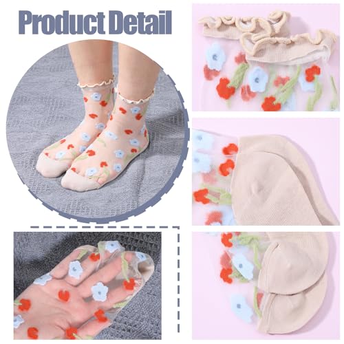 4Pairs Women Sheer Socks, Floral Sheer Sock, Embroidered Jacquard Crystal Glass Socks, Thin Mesh Lace for Summer3