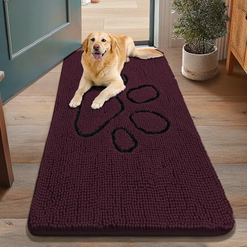 Image of Smiry Dog Door Mat for Muddy Paws, Absorbent Dirt Trapper Non Slip Quick Dry Washable Chenille Mat for Mud Dogs, Entry Rug for Indoor and Outdoor (48x30 Inches, Russet and Black)