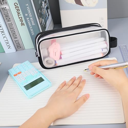 Image of Oyachic 2 Compartment Pencil Case Clear Mesh Pen Pouch Grid Makeup Cosmetics Bag Transparent Marker Organizer Office Business Travel Adults,black