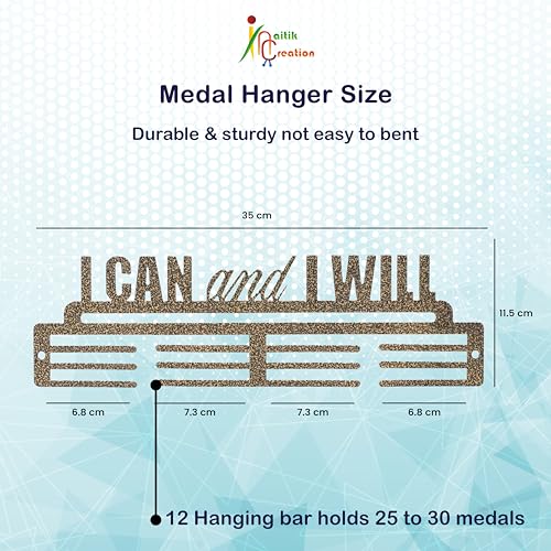 Image of NAITIK CREATION Medal Hanger for Wall - Medal Holder Display Hanger | Holds Up to 65 Medals | Sports Medal Display | Medals Hanger | Premium Antique Golden, (I Can I Will)