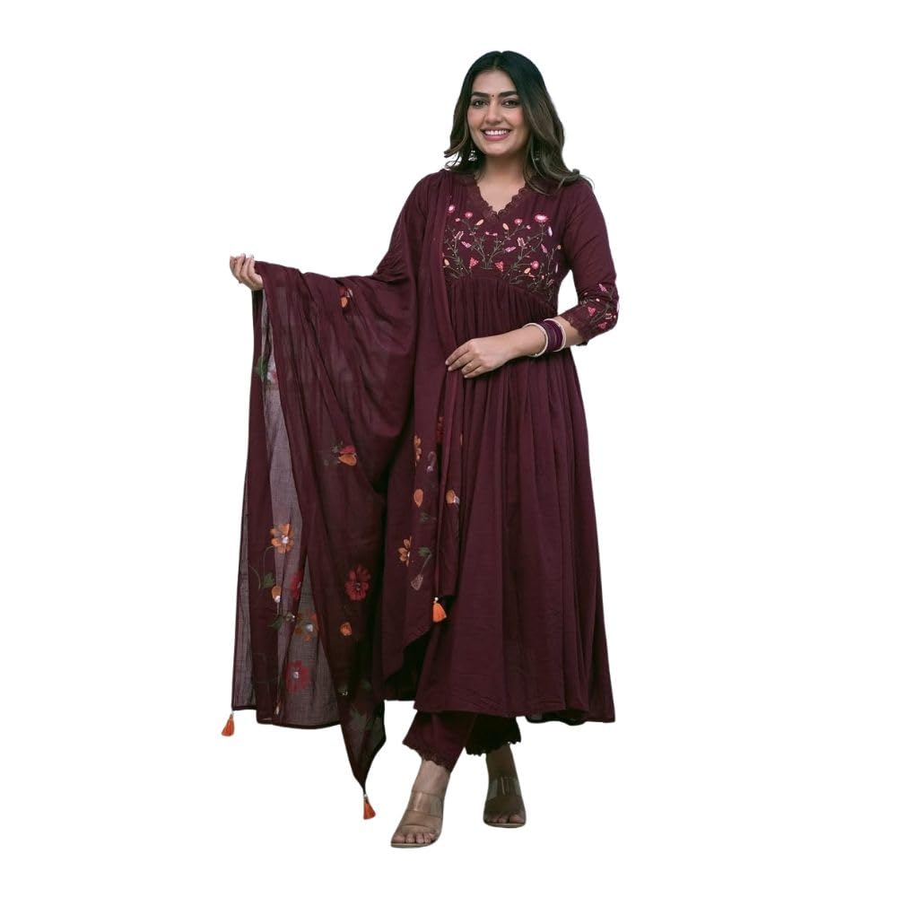 Cotton Malmal Dupatta & Cotton Kurta Set with Embroidery – Stylish Cotton Kurti with Matching Pants & Dupatta for Women | 38" Pant Length, 48" Kurti Length-image-33