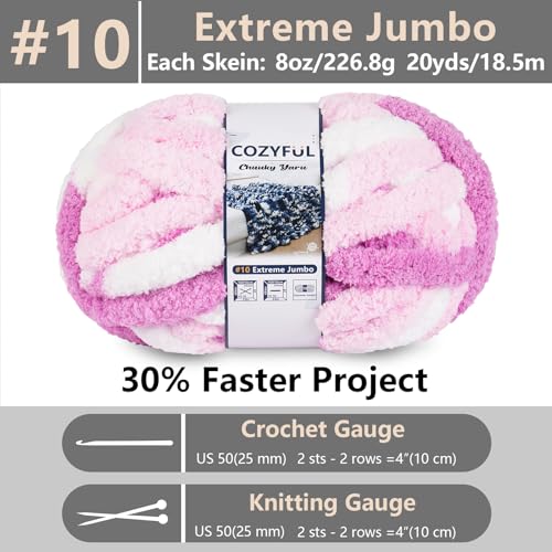 Image of Cozyful Chunky Yarn for Hand Knitting - #10 Chunky Chenille Blanket Yarn, Jumbo Big Thick Chunky Yarns for Crocheting, Tie Dye Bulky Knit Yarns, 8 Skein (20 yds 8 oz Each Skein), White & Pink & Rose