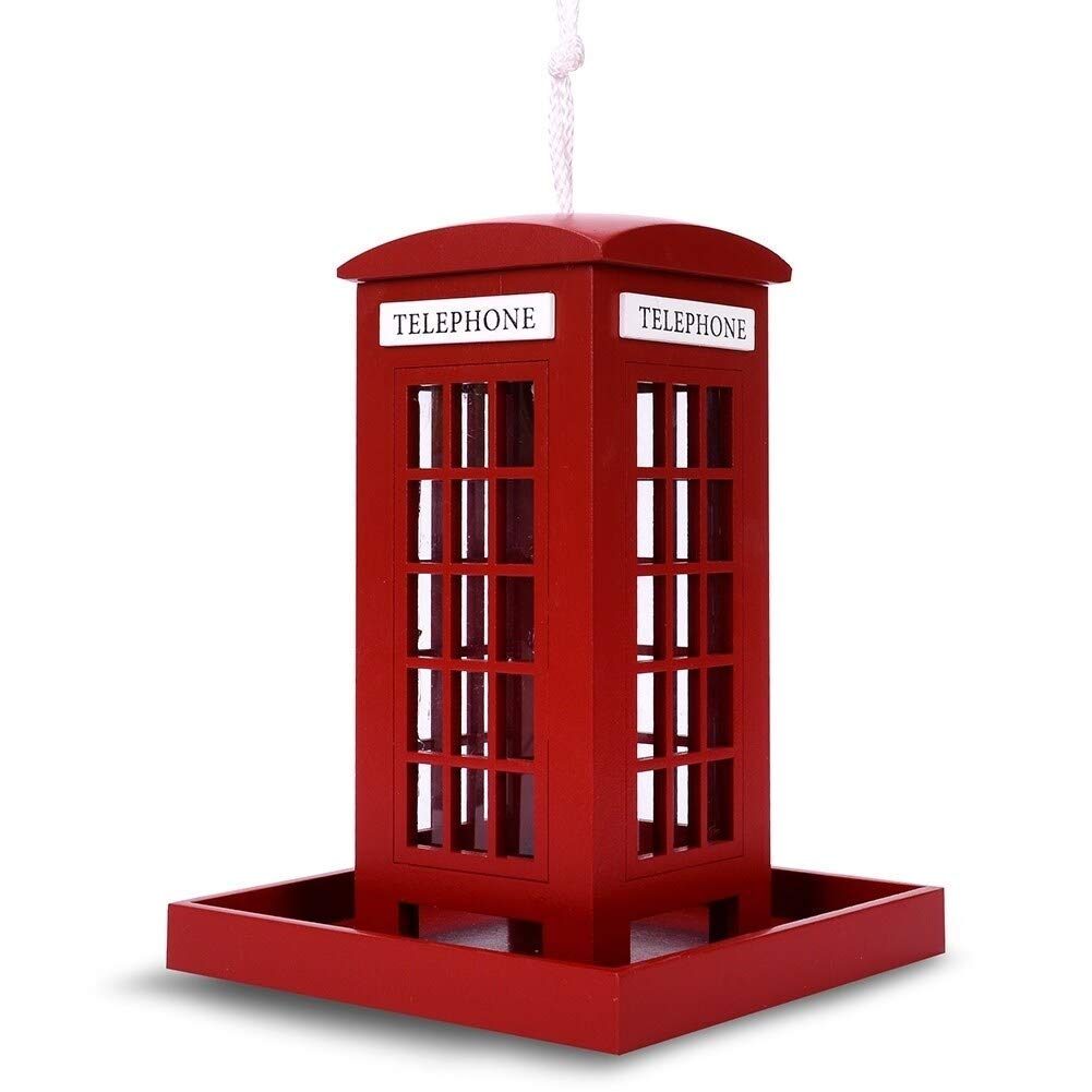 Unibos | Deluxe Hanging Wooden Bird Feeder | Red Telephone Box | Seeds, Nuts and Suet Balls | Great for Bird watching in Backyard and Garden