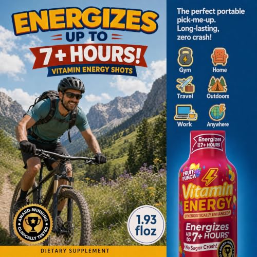 Image of Vitamin Energy Fruit Punch Extra Strength Energy Shot, 24 Pack - Up to 7 Hrs, 260mg Natural Caffeine, Zero Sugar - Green Tea Extract, Immune Support, B12 B6 Niacin, 1.93 fl oz, Keto Vegan